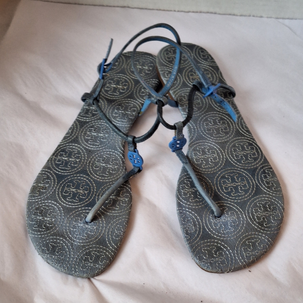 Tory Burch Emmy Sandal Stitched Logo Flat Thong Leather Sandal Blue 10.5
